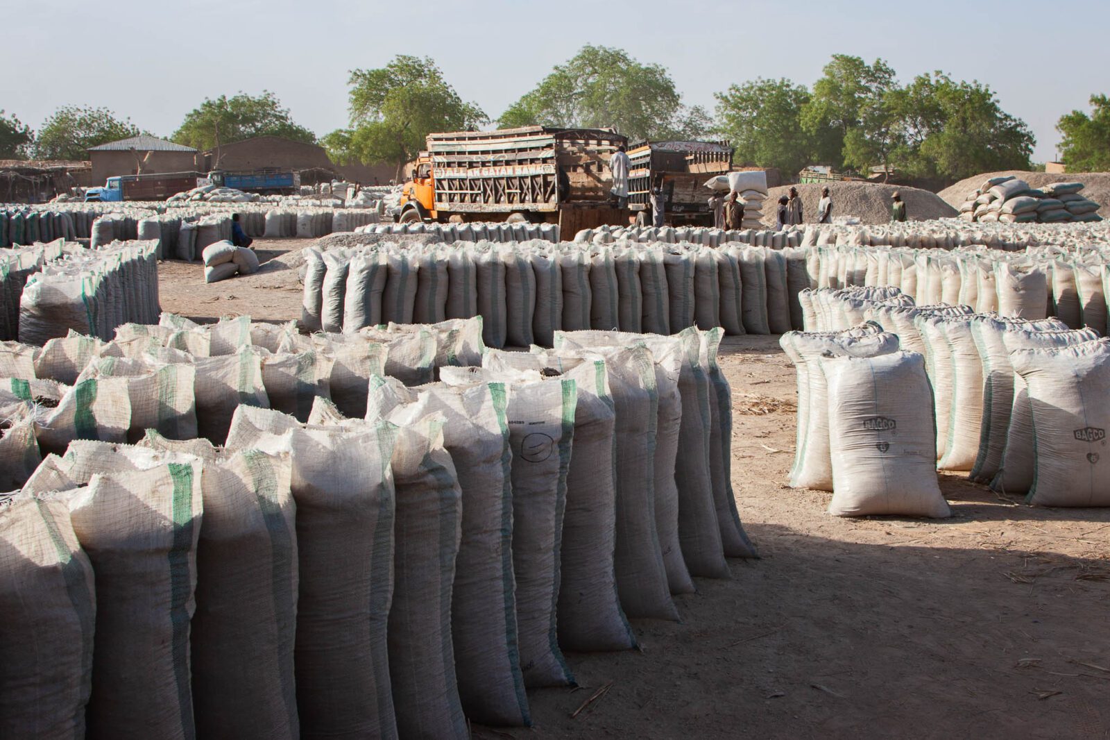 Bags of potash stacked in Gashua Market, Yobe State, Nigeria, ready for loading and transport.